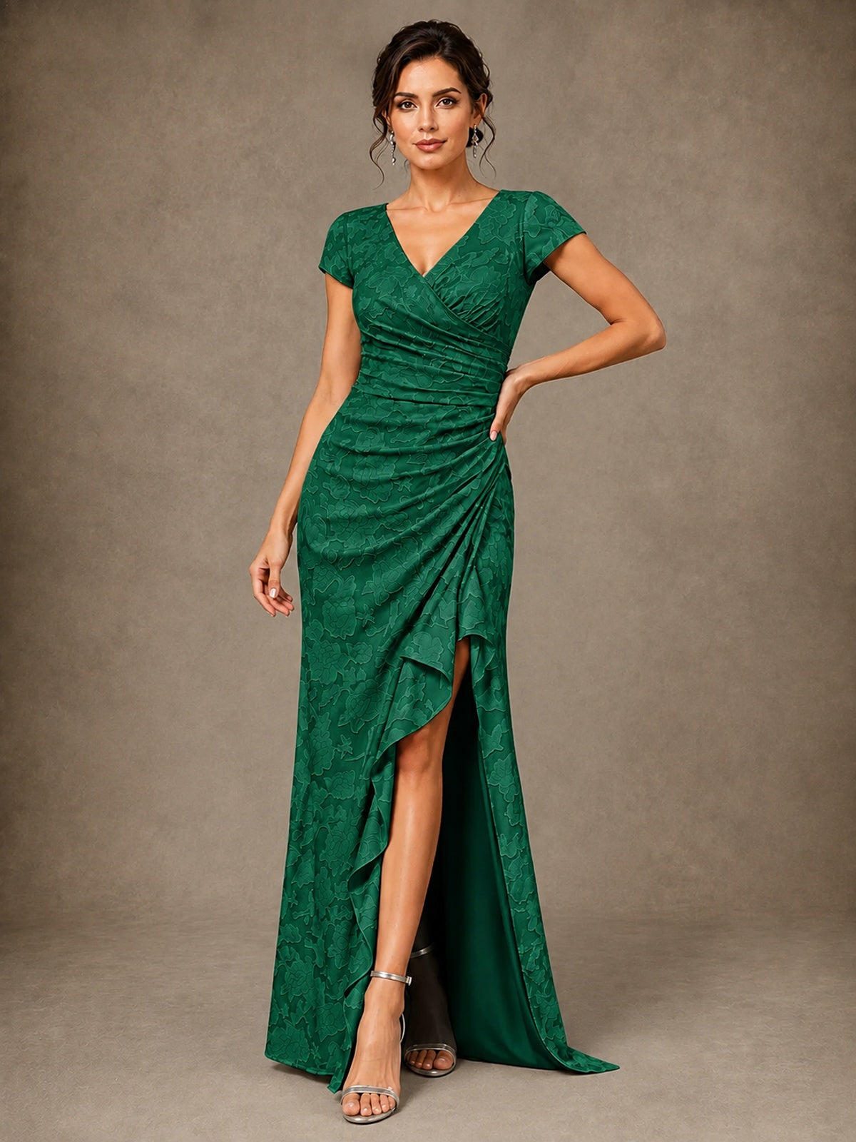 V-Neck Floral Jacquard Mother of the Bride Dress with Slit