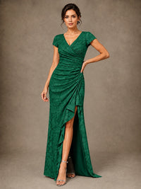V-Neck Floral Jacquard Mother of the Bride Dress with Slit