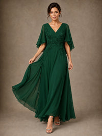 V-Neck Chiffon Lace Mother of the Bride Dress with Flutter Sleeves