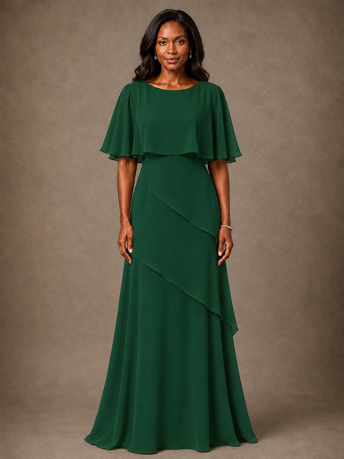 Taupe Chiffon A-Line Mother of the Bride Dress with Cape Sleeves