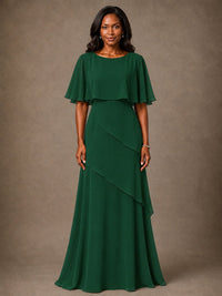 Taupe Chiffon A-Line Mother of the Bride Dress with Cape Sleeves