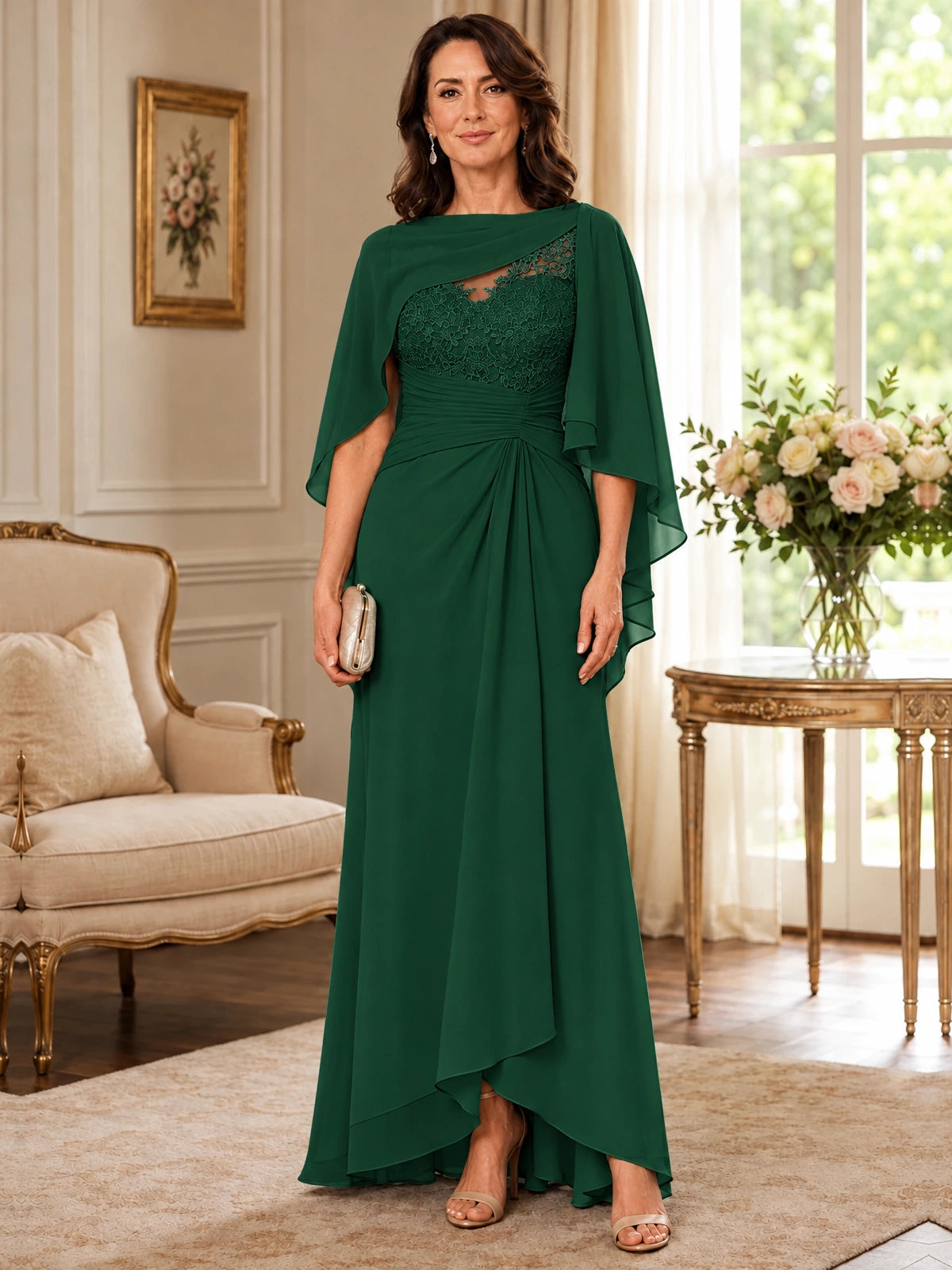 Elegant Chiffon Mother of the Bride Dress with Lace Applique and Cape Sleeves