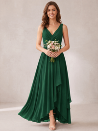 V-Neck High-Low Chiffon Bridesmaid Dress with Ruffles