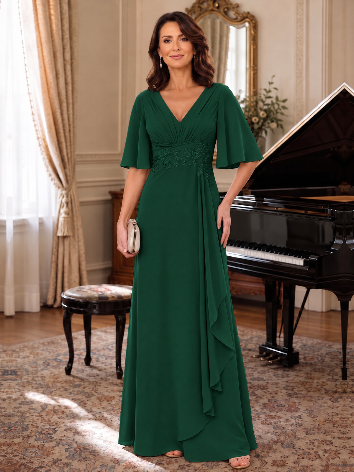 Emerald Green V-Neck Chiffon Lace Mother of the Bride Dresses with Flutter Sleeve A-line Long Ruffled Evening Formal Wedding Guest Gown