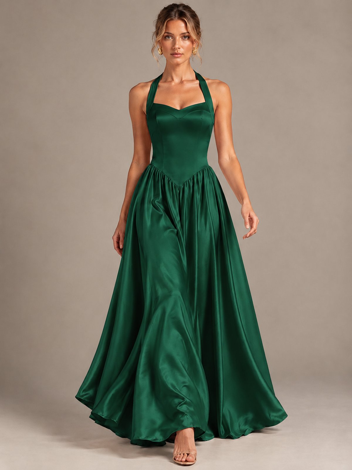 Light Yellow Halter Neck Satin A-Line Maxi Dress with Pockets
