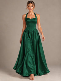 Light Yellow Halter Neck Satin A-Line Maxi Dress with Pockets