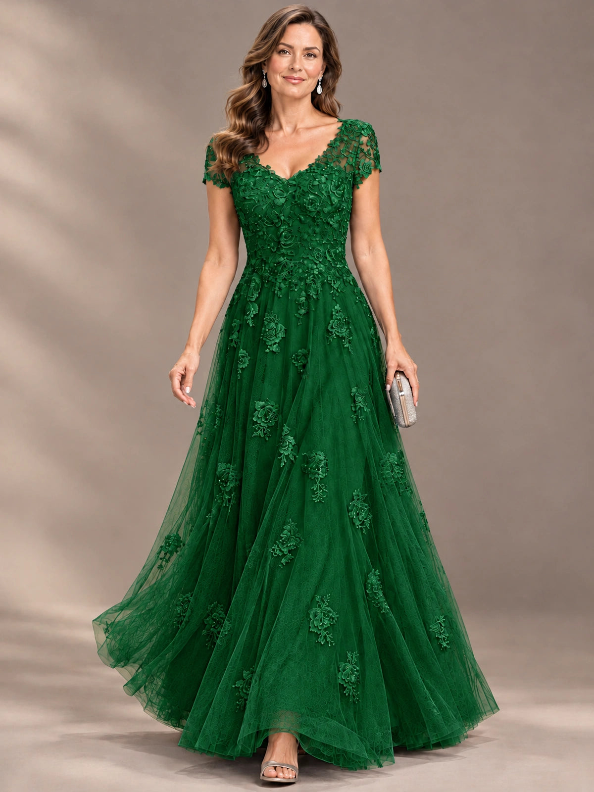 Lace Appliques A-line Mother of The Bride Dresses with Short Sleeves