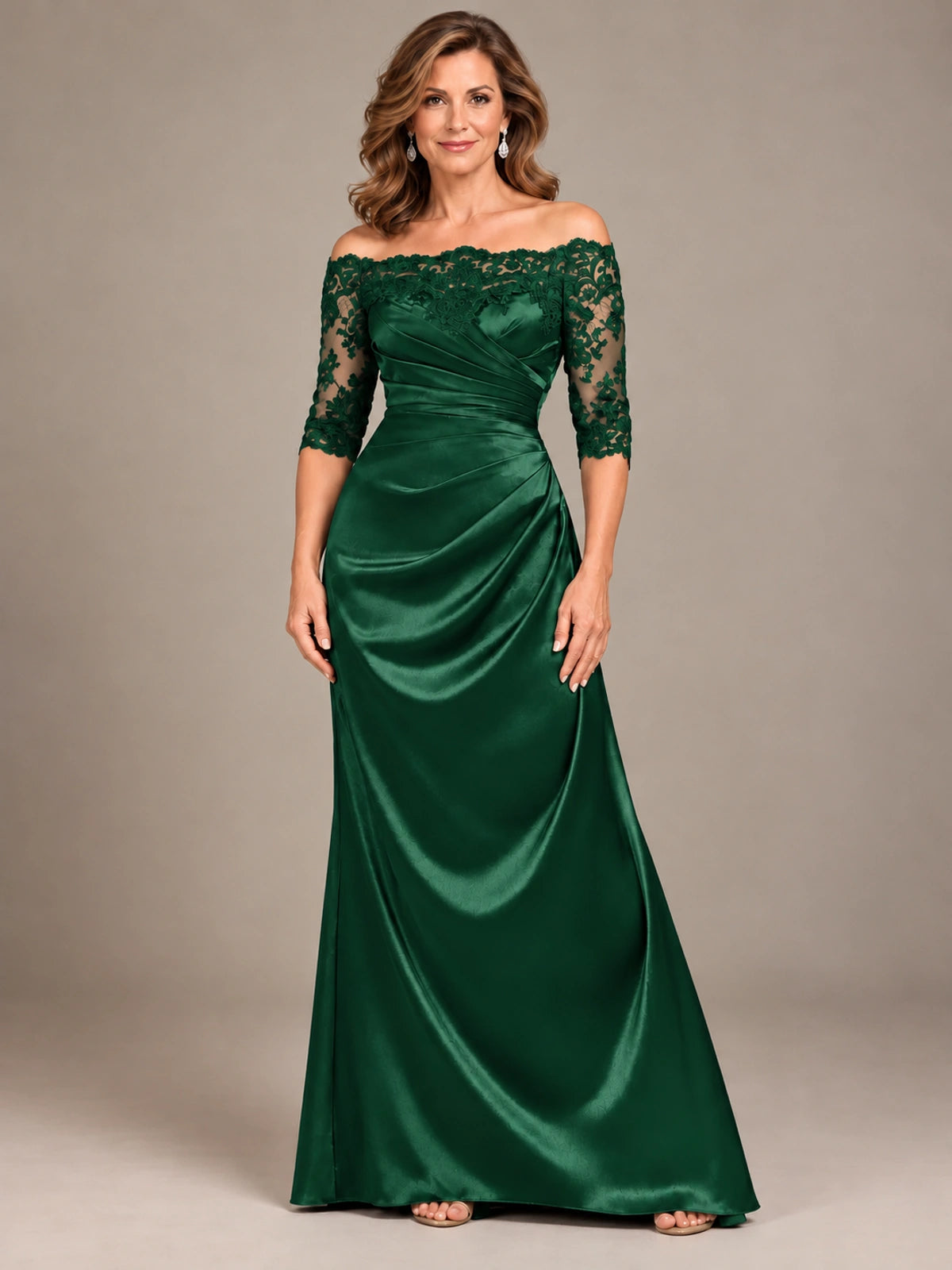 Satin Mother of the Bride Dress with Lace Sleeves Off Shoulder Formal Gown