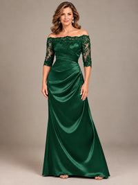 Satin Mother of the Bride Dress with Lace Sleeves Off Shoulder Formal Gown