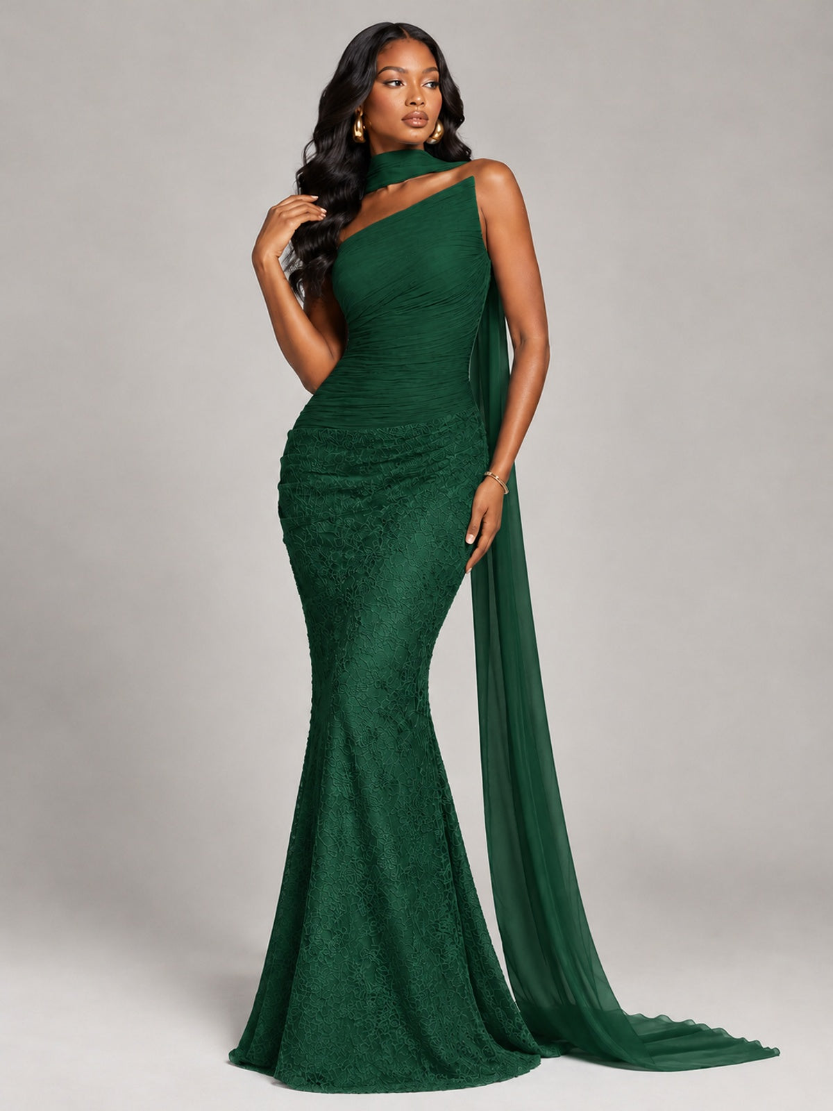 Pleated Chiffon Lace Prom Dresses Long Bodycon Mermaid with Scarf