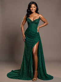 Emerald Green Strapless Sequin Corset Mermaid Prom Dress with High Slit & Train Sparkly Evening Formal Gown