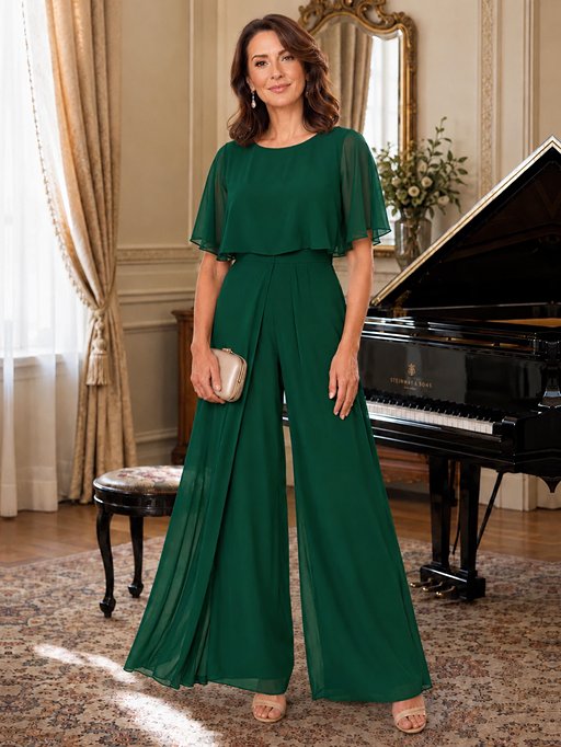 Chiffon Mother of the Bride Jumpsuit with Layered Cape Sleeves