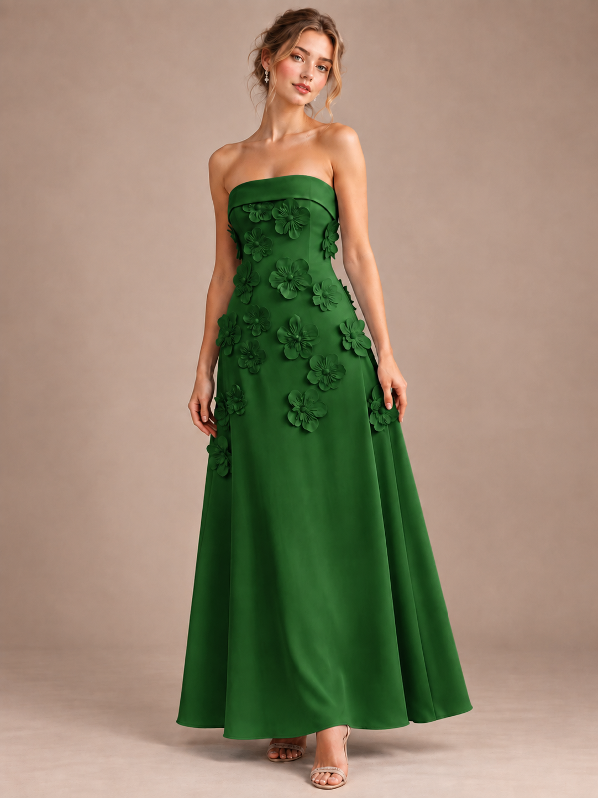 Emerald Green Strapless 3D Floral Appliques Maxi Dress