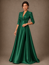 V-Neck Pleated Satin Mother of the Bride Gown with 3/4 Sleeves