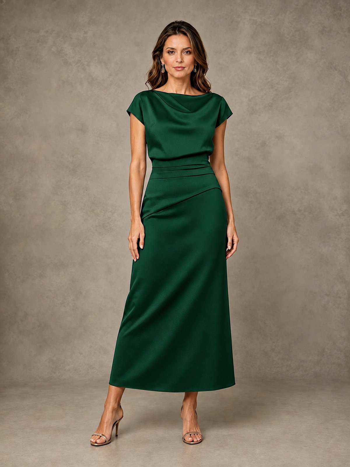 Cowl Neck Satin Mother of the Bride Dress with Ruched Waist