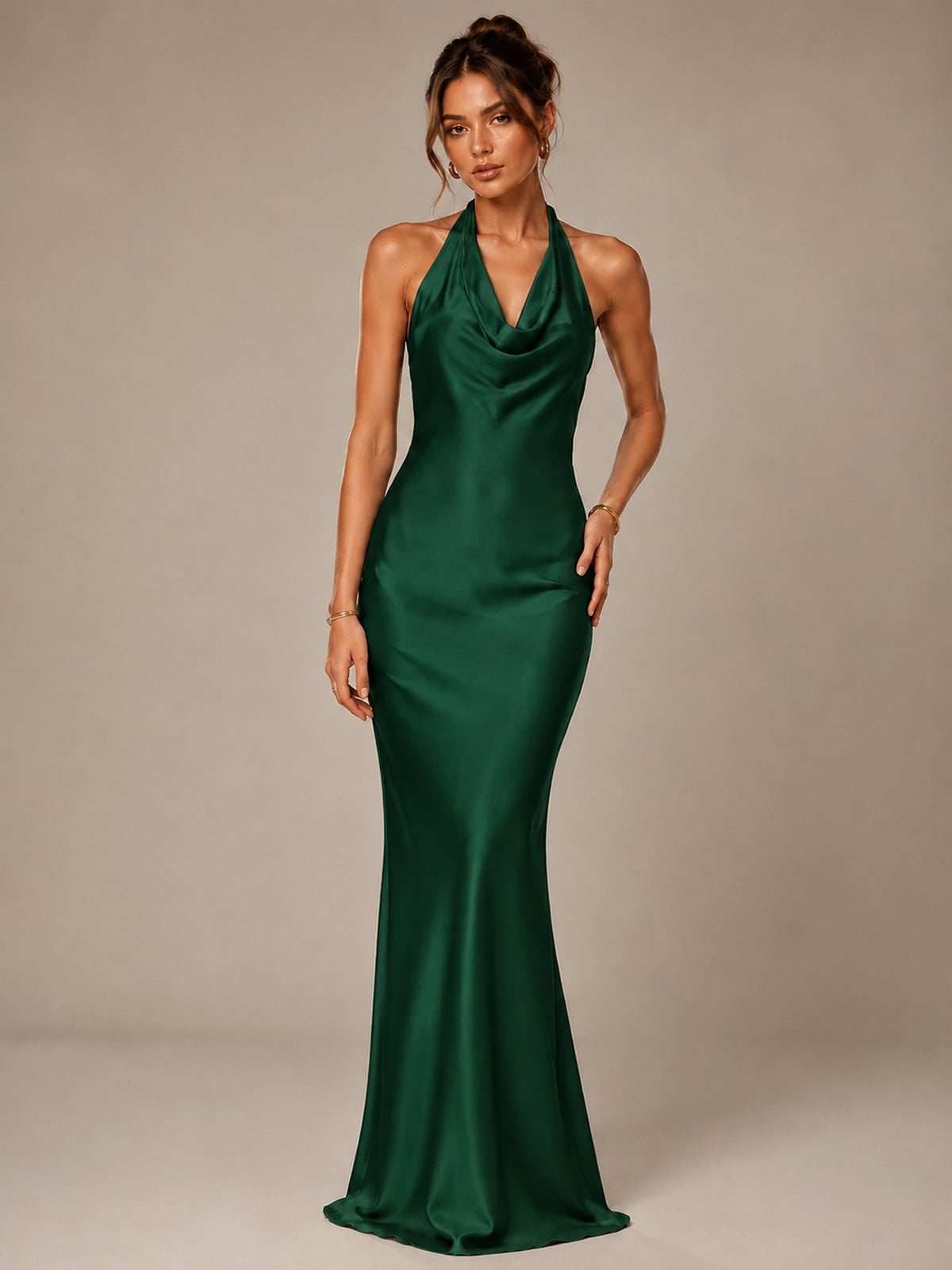 Olive Green Halter Satin Mermaid Maxi Dress