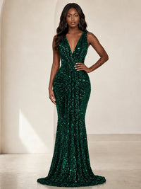 Sequin Mermaid Prom Dress with V-Neck and Ruched Waist