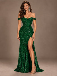 Off the Shoulder Corset Sequin Mermaid Prom Dress with Slit