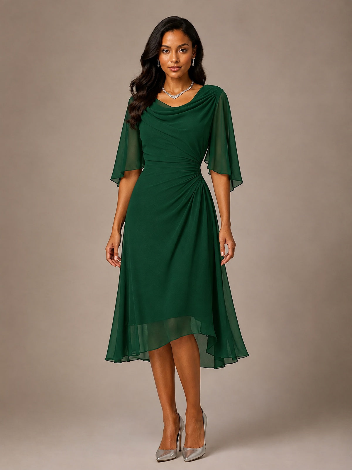 Cowl Neck Ruched Chiffon Mother of the Bride Dresses with Flutter Sleeves