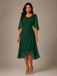 Cowl Neck Ruched Chiffon Mother of the Bride Dresses with Flutter Sleeves