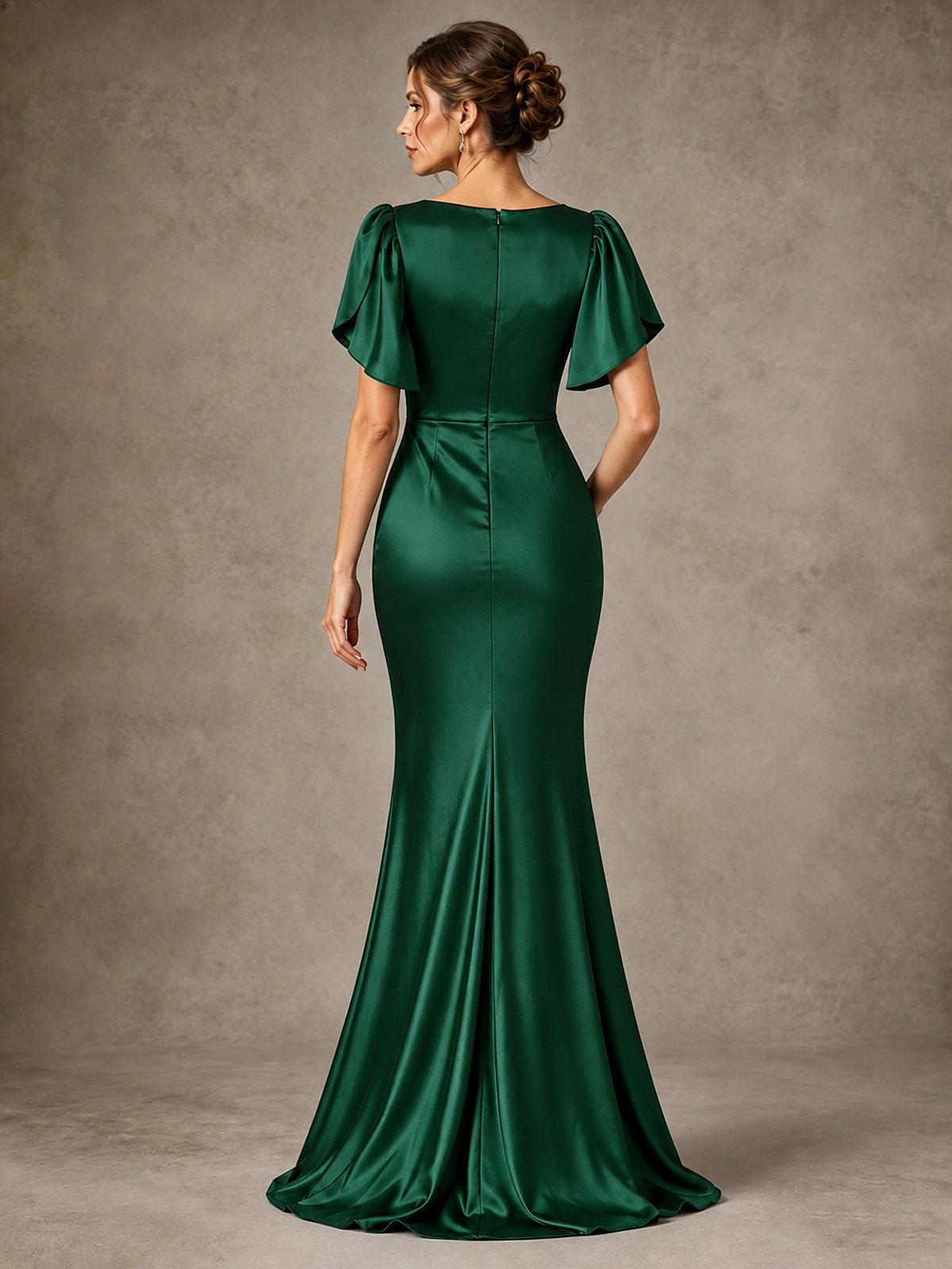 V-Neck Satin Mother of the Bride Dress with Flutter Sleeves