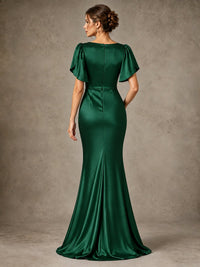 V-Neck Satin Mother of the Bride Dress with Flutter Sleeves