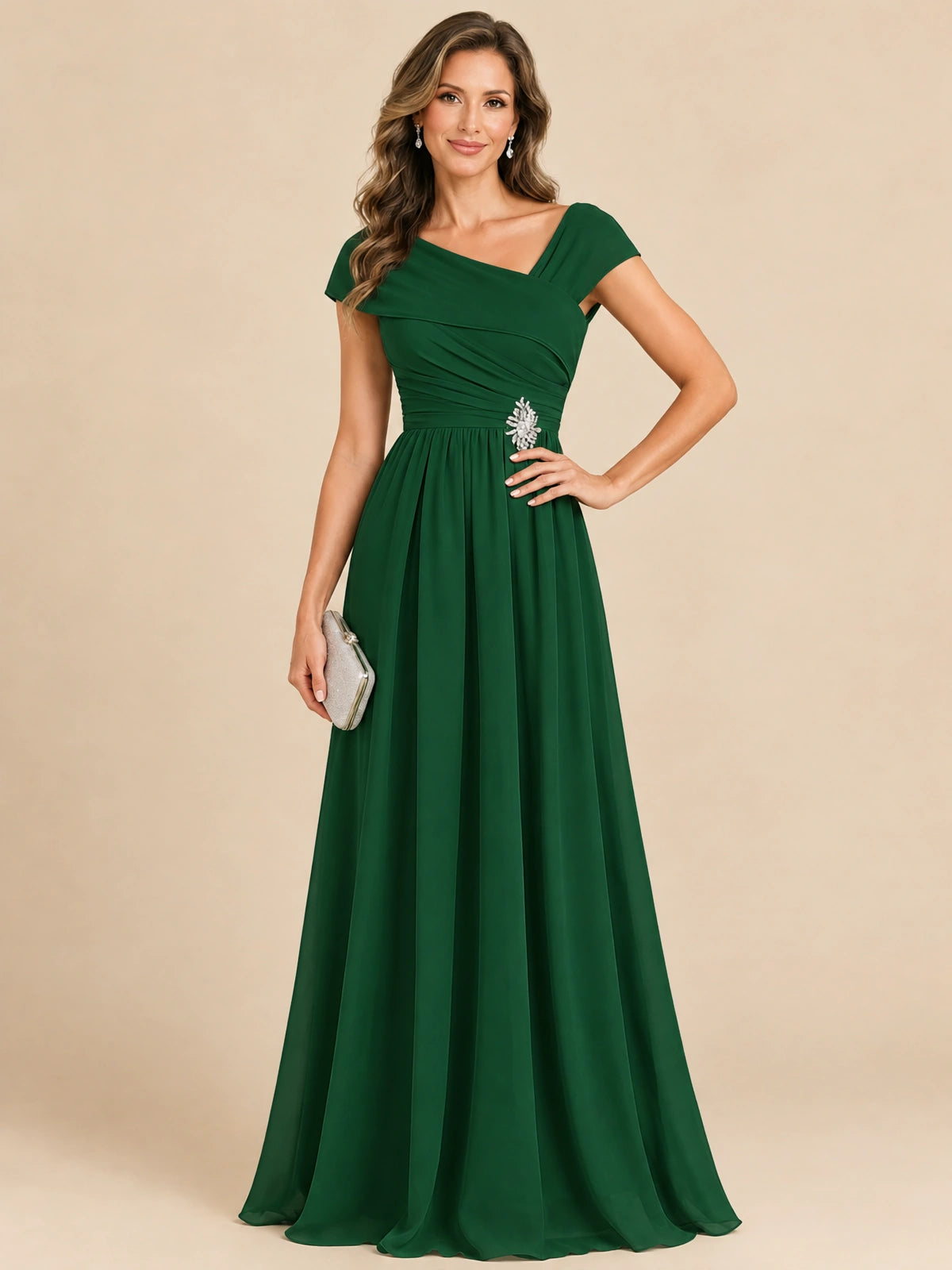 Cap Sleeve Mother of The Bride Dresses Long Chiffon Formal Gowns