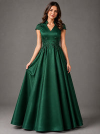Lace Appliqué A-Line Satin Maxi Dress