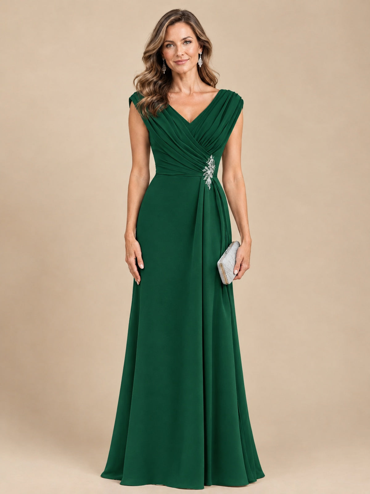 V Neck Pleated Mother of The Bride Dresses with Beading Cap Sleeves
