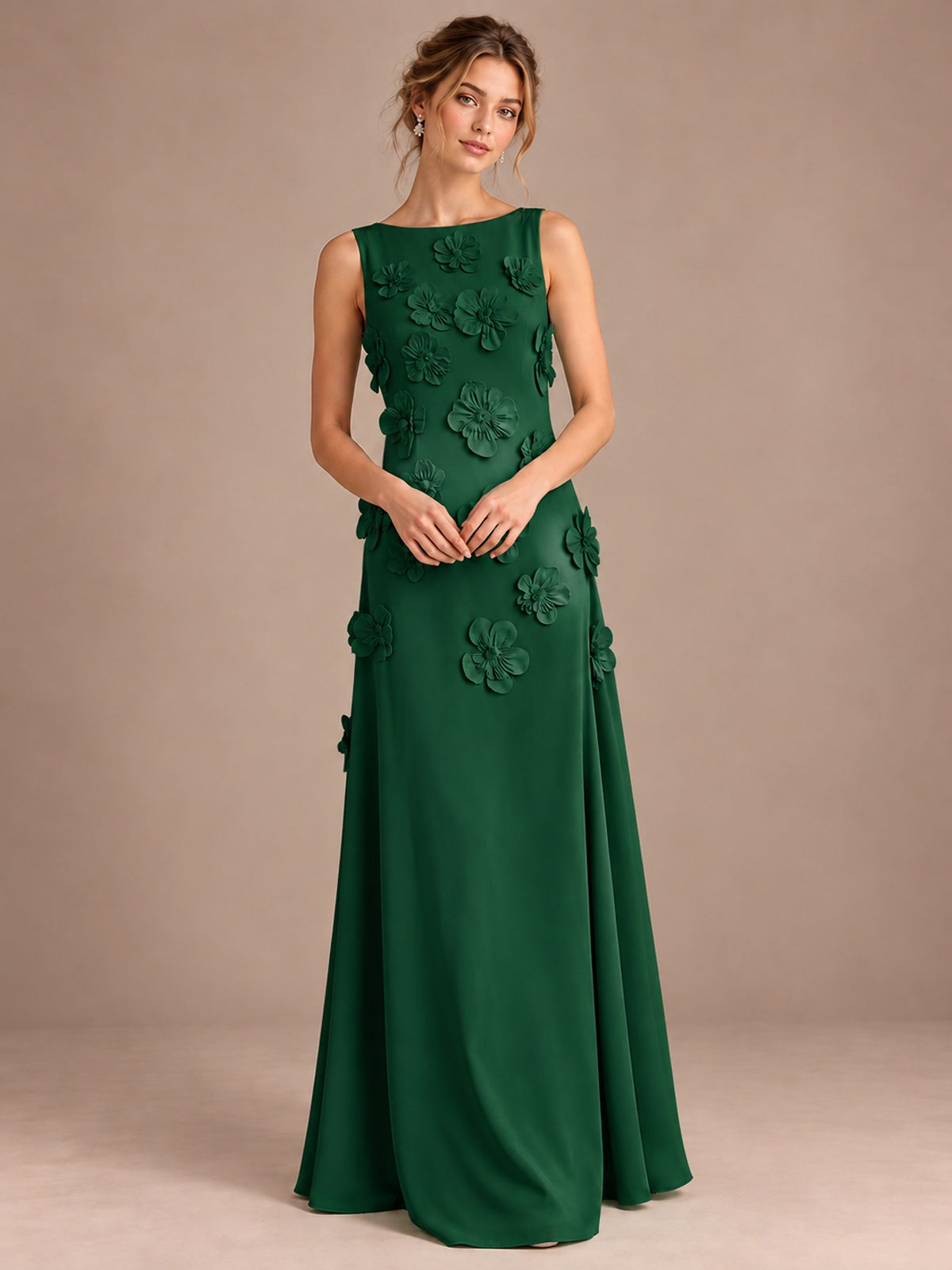 3D Floral Applique Sleeveless Formal Maxi Dress