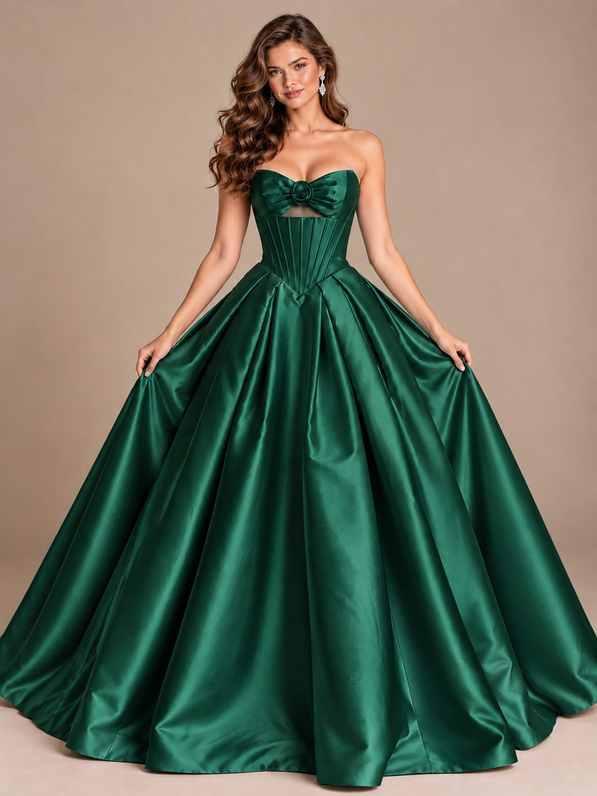Pink Strapless Corset Satin Prom Derss & Ball Gown with 3D Floral