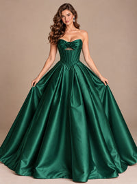 Pink Strapless Corset Satin Prom Derss & Ball Gown with 3D Floral