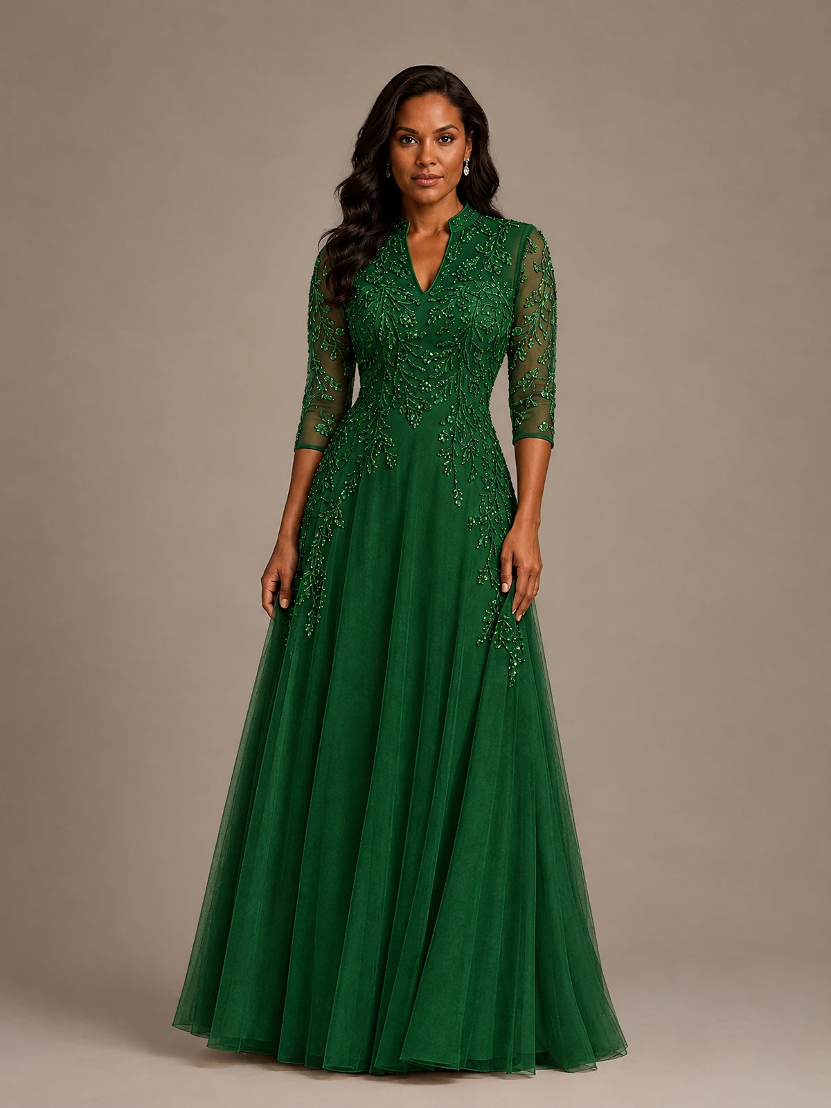 Embellished Appliques Mother of the Bride Dress with 3/4 Sleeves