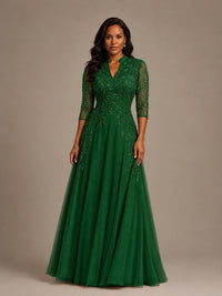 Embellished Appliques Mother of the Bride Dress with 3/4 Sleeves