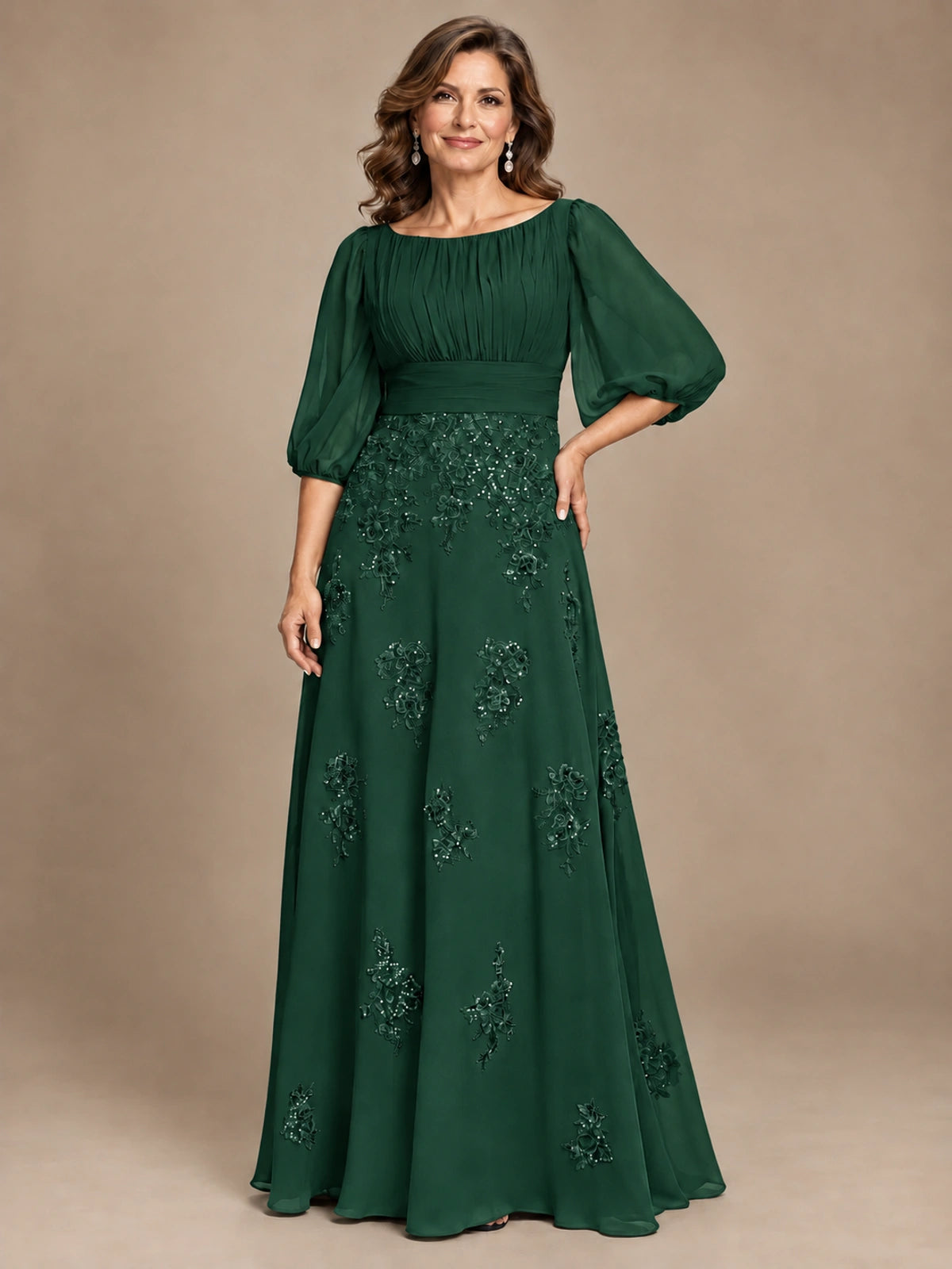 A-Line Mother of the Bride Dress with Sheer Puff Sleeves