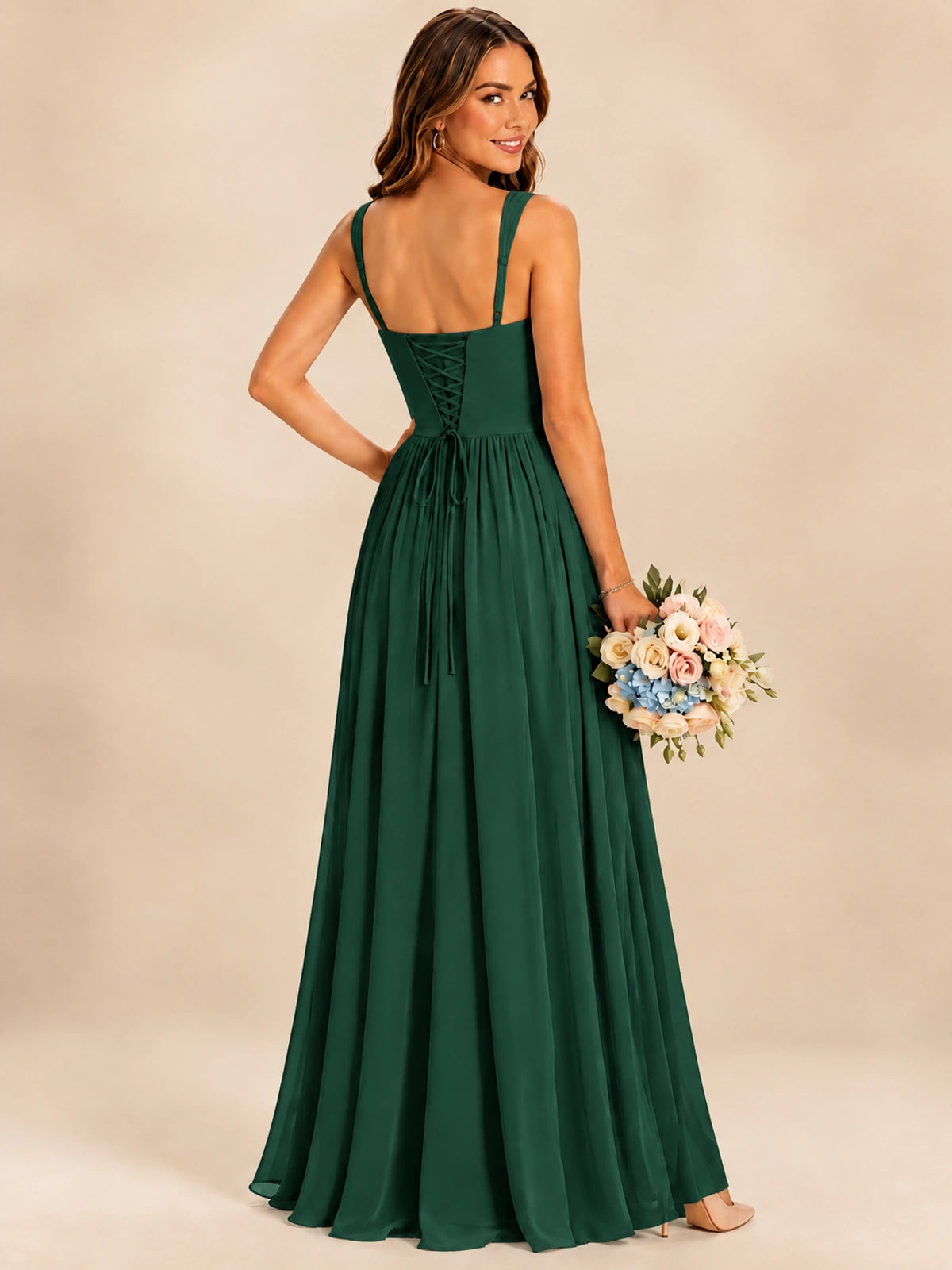 Spaghetti Straps Pleated Chiffon Bridesmaid Dress with Ruffle Slit