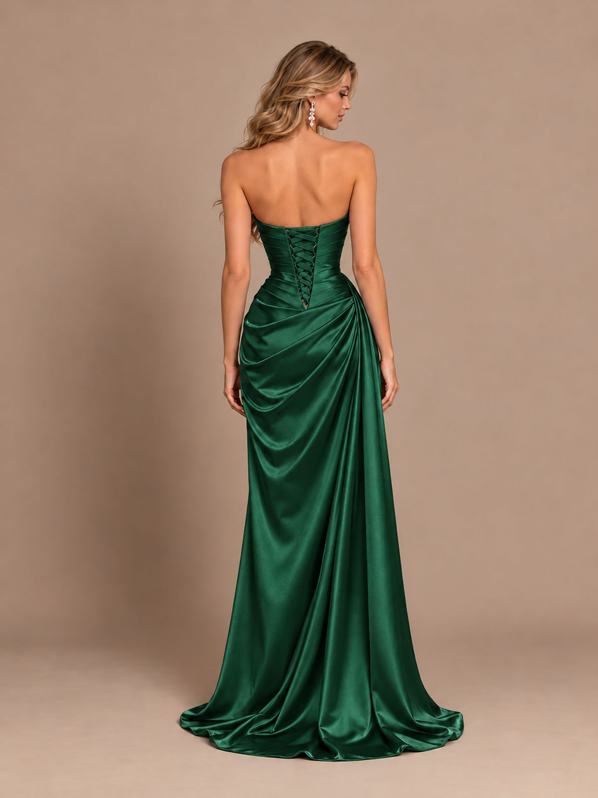 Dusty Blue Strapless Satin Prom Dress with Ruched Bodice and Slit