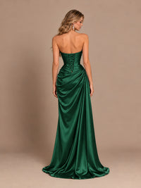 Dusty Blue Strapless Satin Prom Dress with Ruched Bodice and Slit