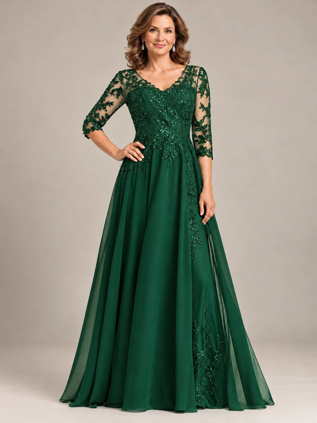 Sequin Lace A-Line Mother of the Bride Dress with 3/4 Sleeves
