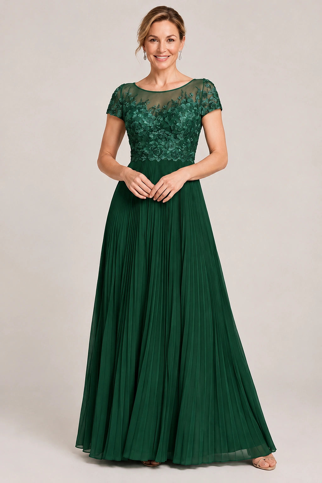 Embroidered Lace Pleated Mother of the Bride Dress