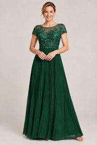Embroidered Lace Pleated Mother of the Bride Dress