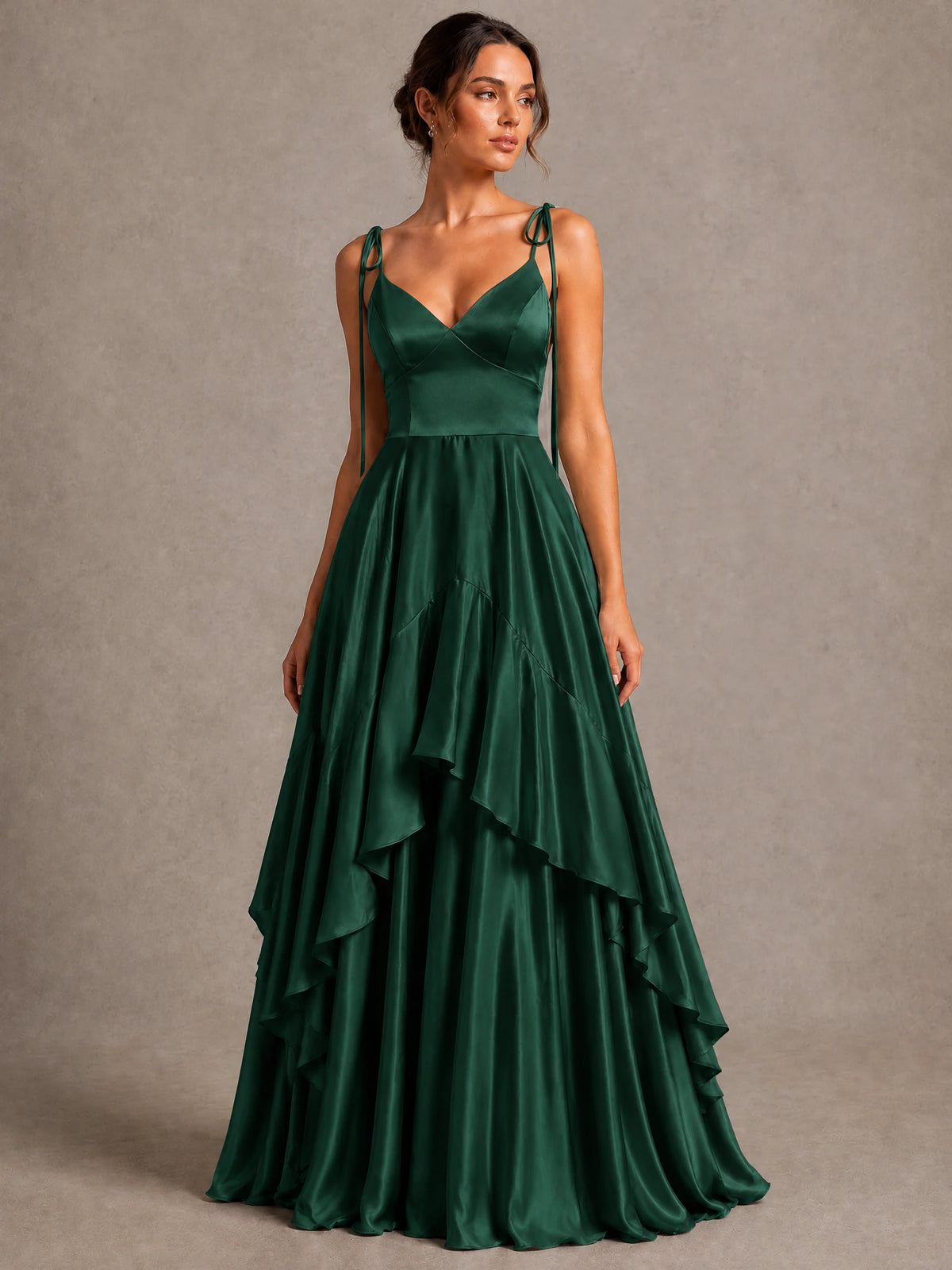 Lavender Satin V-Neck Ruffle Maxi Dress