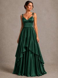 Lavender Satin V-Neck Ruffle Maxi Dress