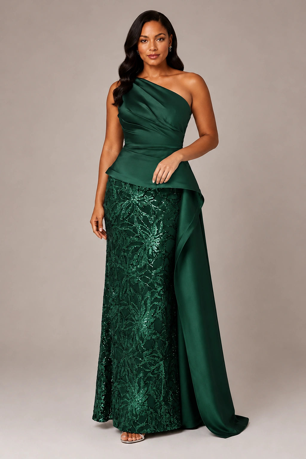 One-Shoulder Mother of the Bride Dress with Sequin Skirt and Peplum