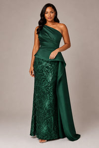 One-Shoulder Mother of the Bride Dress with Sequin Skirt and Peplum