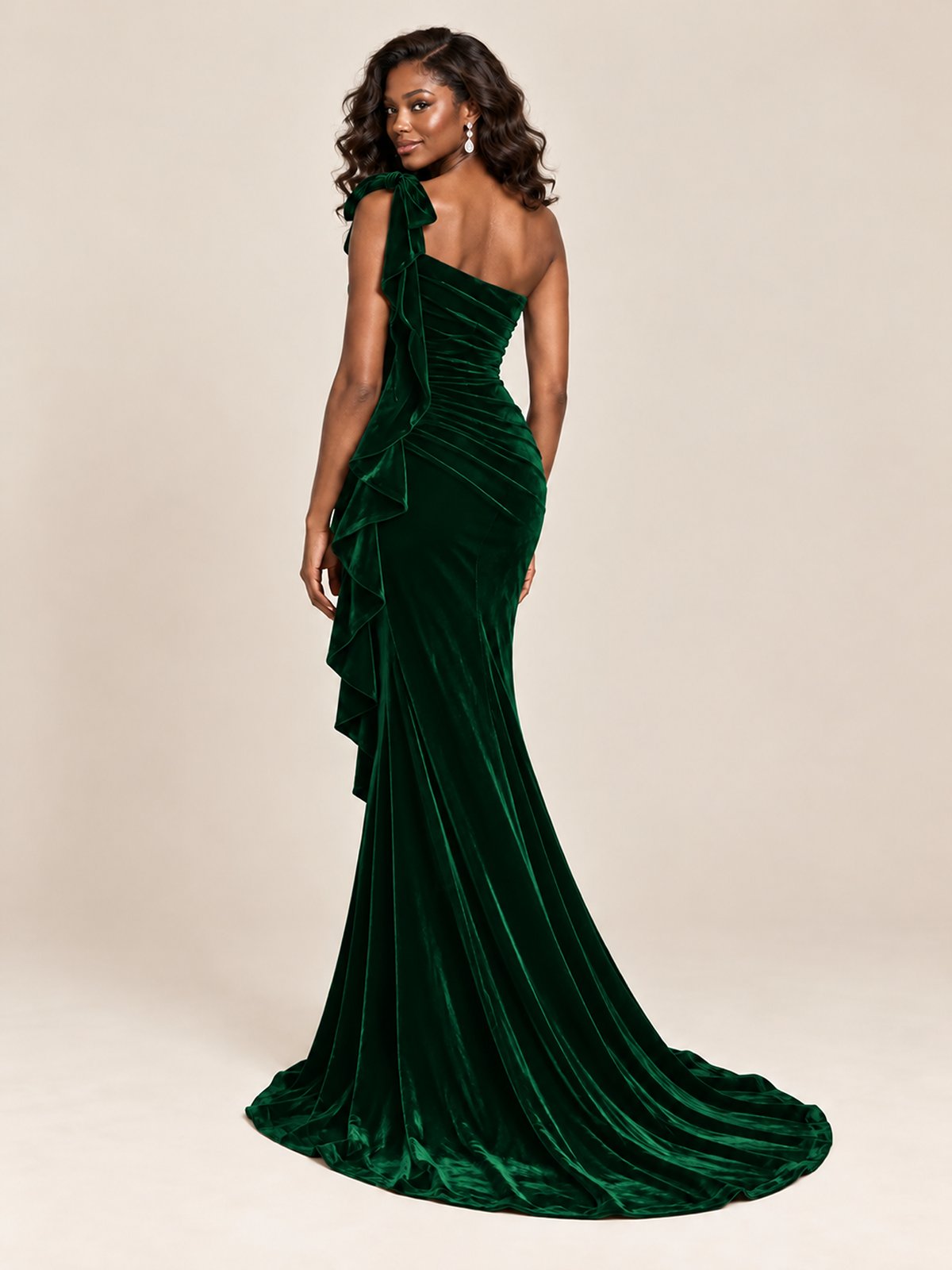 Black Velvet One-Shoulder Mermaid Evening Gown with Bow & Ruffles