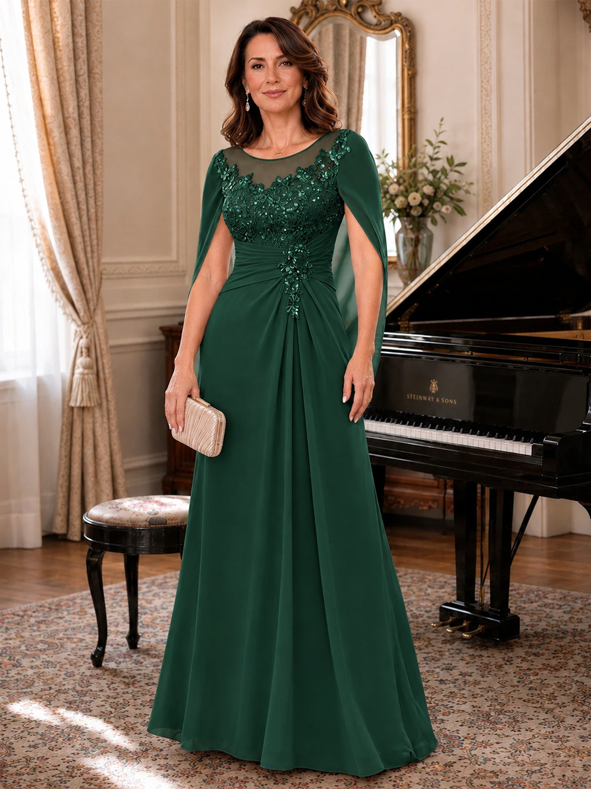 Elegant Applique Chiffon Mother of the Bride Dress with Cape Sleeves