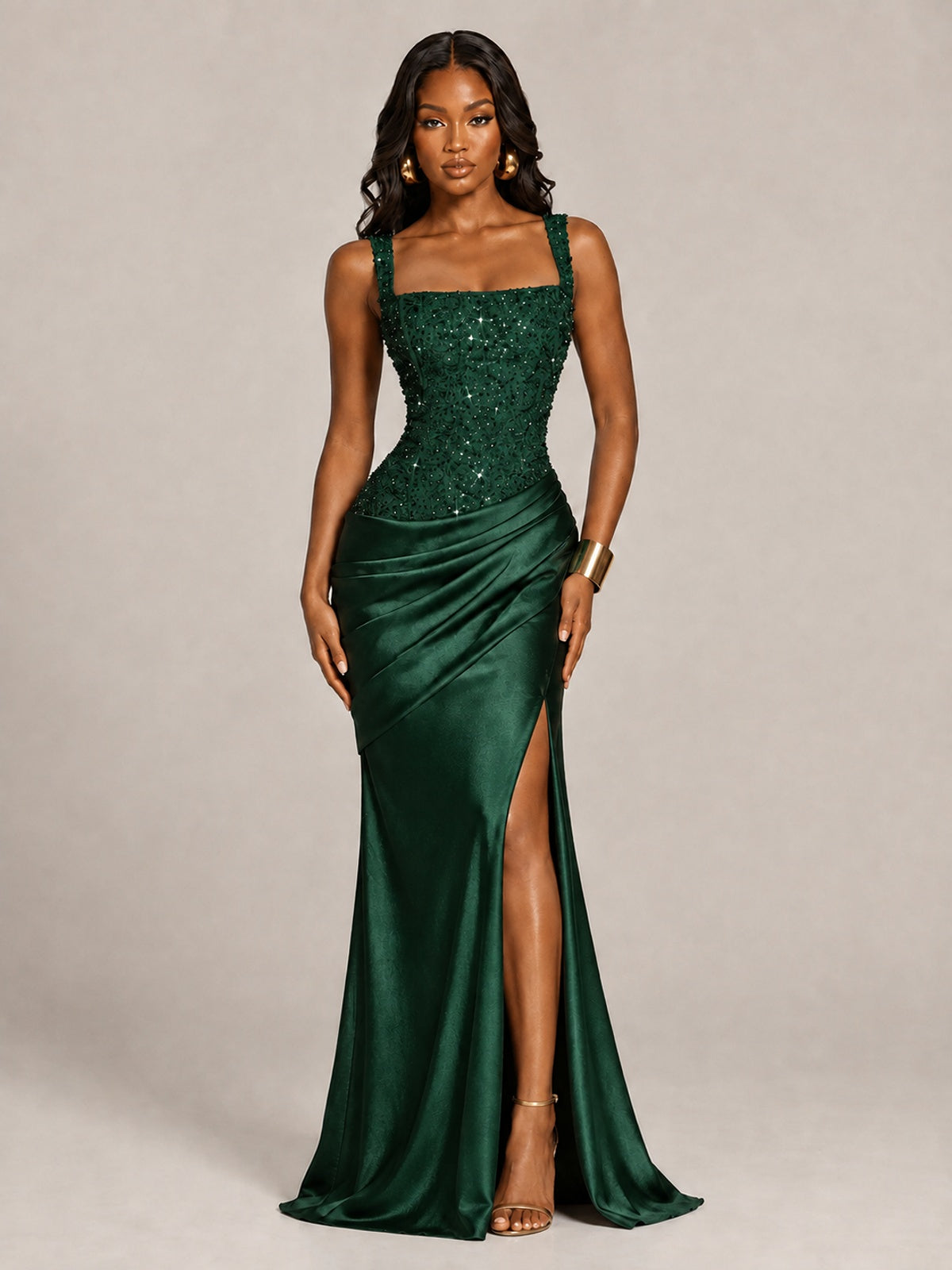 Scoop Neck Sequin Prom Dress with High Slit Satin Formal Gowns