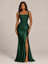 Scoop Neck Sequin Prom Dress with High Slit Satin Formal Gowns
