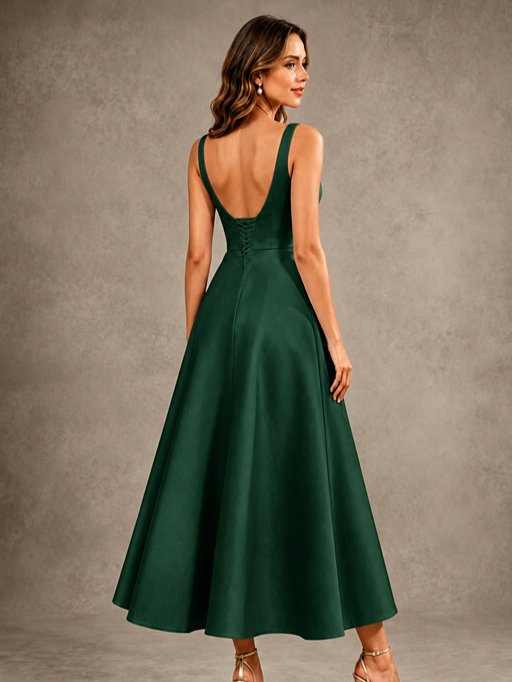 Tea-Length Satin Mother of the Bride Dress with 3D Flower Detail
